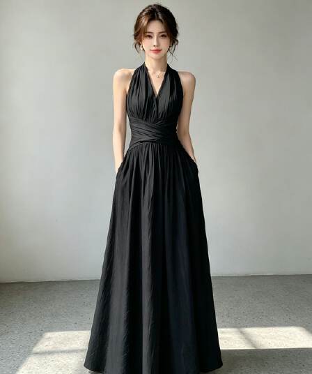 특대 사이즈 치마 프랑스식 민소매 롱 코트 드레스 봄 여름 V넥 허리 수축 여행 저녁 식사 롱 스커트 허리 수축 슬림해 보이는 치마
