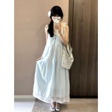 批发法式<b class='q'>甜美</b>长裙女2026夏季新款温柔风小清新设计感条纹吊带连衣裙子