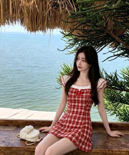 학원 패치워크 드레스 품격 여름 레트로 빨간색 체크무늬 허리 수축 작은 키 달콤함 슬림해 보이는 미니 스커트 치마