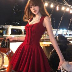 批发夏季法式千金风无袖公主裙红色蝴蝶结吊带<b class='q'>连衣裙</b>女