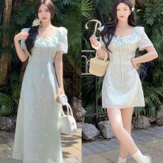 批发2026法式温柔腰显蕾丝拼接气质印花<b class='q'>连衣裙</b>夏季显瘦收腰裙新款长裙