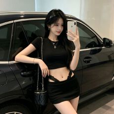 批发时尚休闲风套装紧身短袖T恤女夏季高腰包臀半身裙短裙辣妹两件套