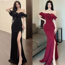 批发法式性感名媛气质晚<b class='q'>礼服</b>一字领露开叉荷叶长裙宴会抹胸<b class='q'>礼服</b><b class='q'>连衣裙</b>