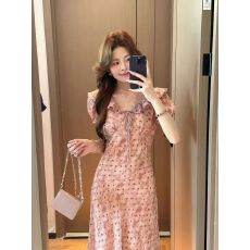批发2026年夏季新款大码胖妹妹法式<b class='q'>气质</b>收腰显瘦扎染粉色波点<b class='q'>连衣裙</b>