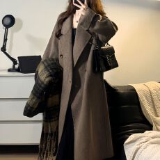 批发美拉德棕色双面羊毛大衣女新年新款<b class='q'>中长款</b>韩系宽松高级感羊毛外套
