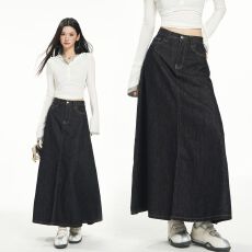 批发实拍 美式<b class='q'>复古</b>辣妹宽松半身裙垂感百搭牛仔裙开叉长裙秋冬新款