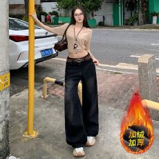 批发实拍 黑灰色阔腿宽松<b class='q'>高腰</b>直筒牛仔裤女 九分&长裤&加长 常规&加绒