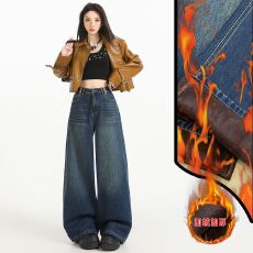 批发实拍 加绒加厚阔腿裤<b class='q'>女</b><b class='q'>装</b>牛仔裤复古辣妹风直筒裤牛仔裤<b class='q'>女</b>加长裤