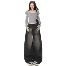 批发实拍 秋冬新款辣妹时尚复古风潮流宽松弯刀裤阔腿裤女装牛仔裤女