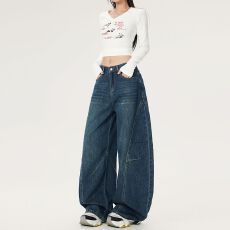 批发实拍 秋冬新款辣妹时尚复古风潮流宽松弯刀裤阔腿裤女装牛仔裤女