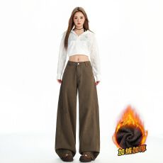 批发实拍 棕咖色美式复古水洗做旧牛仔裤<b class='q'>男</b>女宽松直筒阔腿裤