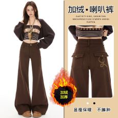 批发实拍 三色加绒弹力微喇叭牛仔<b class='q'>裤</b>女秋冬高腰显瘦不贴腿刺绣拖地<b class='q'>裤</b>