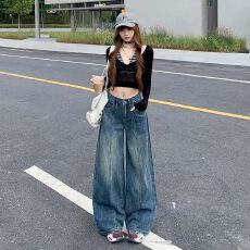 批发实拍 美式复古阔腿<b class='q'>牛仔裤</b>女新款高腰<b class='q'>显瘦</b>垂感宽松拖地直筒裤