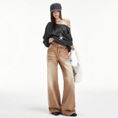 批发实拍 美式低腰棕色阔腿<b class='q'>牛仔裤</b>女2026宽松显瘦不贴腿微喇<b class='q'>牛仔裤</b>