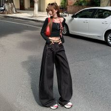 批发实拍 高腰<b class='q'>钉珠</b>丹宁阔腿<b class='q'>牛仔裤</b>女2026春季新款宽松显瘦垂感拖地裤