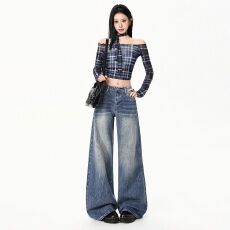 批发实拍 美式裂纹设计复古蓝水洗阔腿裤女宽松直筒拖地牛仔裤