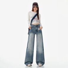 批发实拍 复古浅色阔腿<b class='q'>裤</b><b class='q'>高腰</b>垂感2026春季新款慵懒风宽松显瘦牛仔<b class='q'>裤</b>