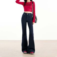 批发实拍 深蓝原色高腰弹力微喇牛仔<b class='q'>裤</b>26年新贴身<b class='q'>提</b><b class='q'>臀</b>显瘦百搭拖地<b class='q'>裤</b>