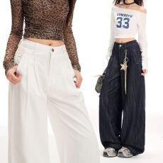 批发实拍 复古高腰宽松阔腿裤肌理感百搭直筒<b class='q'>牛仔裤</b>女&长裤加长