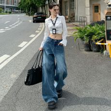 批发实拍 美式复古深蓝水洗竹节纹<b class='q'>牛仔裤</b>宽松阔腿裤 九分&长裤&加长