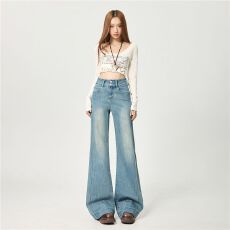 批发实拍 高腰双扣收腹微喇裤微阔宽松<b class='q'>弹力</b>修身复古拼接喇叭牛仔女