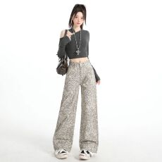 批发实拍 美式复古豹纹牛仔裤女新款设计感高街垂感休闲直筒裤子