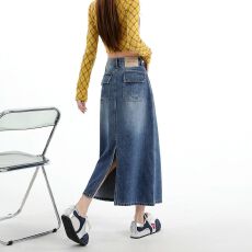 批发实拍 复古高腰牛仔半身裙女2026新款开叉设计感中长款显瘦包臀裙