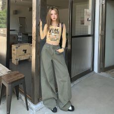 实拍 军绿色工装裤纯棉裤女直筒宽松解构设计休闲阔腿裤