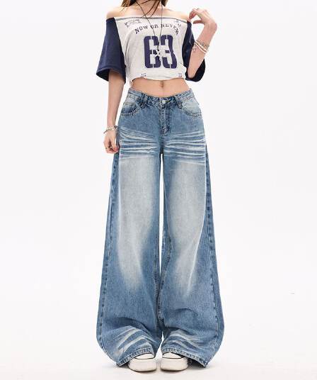 실사 주름 마 오래된 워싱 청바지 봄 여름 새로운 바닥 청소 루즈핏 스트레이트 와이드 레그 팬츠 긴 바지 길이 연장