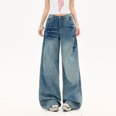 批发实拍 新款美式复古蓝<b class='q'>钉珠</b>竹节纹水洗高腰阔腿拖地<b class='q'>牛仔裤</b>