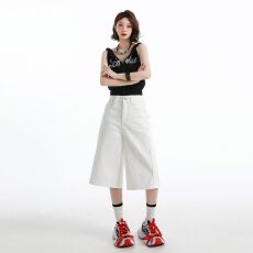 批发实拍 白色<b class='q'>七分</b>阔腿牛仔裤女2026年春夏新款美式高腰宽松中裤子