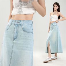 批发实拍 烫钻开叉牛仔半身裙新款包臀中长裙女浅蓝<b class='q'>春</b>夏高腰A版垂顺