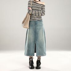 批发实拍 开叉牛仔半身裙<b class='q'>春</b>夏新款包臀中长裙女复古怀旧蓝高腰A版垂顺