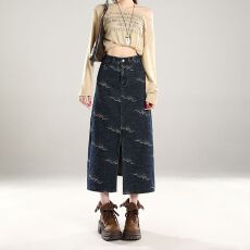 批发实拍 提花牛仔包臀半身裙青花蓝个性设计感牛仔A字开叉国风半裙