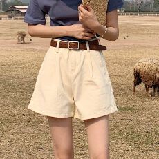 批发实拍 米黄牛仔短裤女夏宽松显瘦韩版学生外穿a字阔腿热裤潮