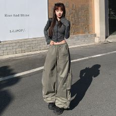 批发实拍 <b class='q'>户外</b>高街甜辣宽松阔腿裤百搭显瘦大口袋工装裤抽绳裤ins潮