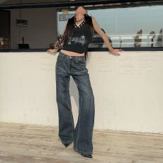 批发实拍 美式复古重工设计高街宽松阔腿<b class='q'>微喇</b>百搭显瘦拖地<b class='q'>牛仔裤</b>春夏