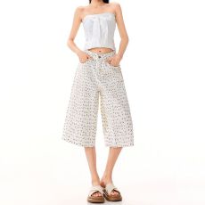 批发实拍 春夏新款碎花阔腿裤<b class='q'>牛仔裤</b>高腰美式复古显瘦七分裤