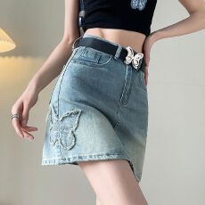 批发实拍 复古高腰蝴蝶刺绣牛仔短裙女<b class='q'>夏</b>季爆款包臀裙防走光半身裙子