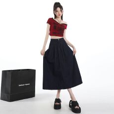 批发实拍 藏青色<b class='q'>牛仔</b>半身裙女新款百搭设计感<b class='q'>长裙</b>高腰A字伞裙子