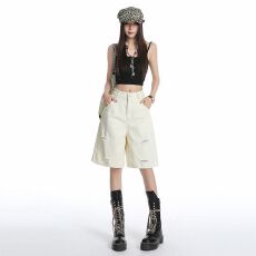 批发实拍 美式高街复古破洞裤夏季宽松百搭短裤高腰<b class='q'>直筒</b>牛仔五分裤