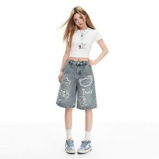 批发实拍 搞怪五分kitty可爱涂鸦印花高腰宽松<b class='q'>牛仔裤</b>女阔腿<b class='q'>直筒</b>中裤