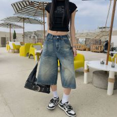 批发实拍 美式阔腿七分牛仔裤女2026年夏季现款宽松显瘦百搭直筒中裤