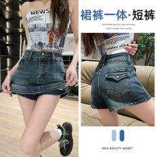 批发实拍 复古蓝A字牛仔裙裤女夏季美式辣妹风<b class='q'>百搭</b>包臀假两件短裙裤子