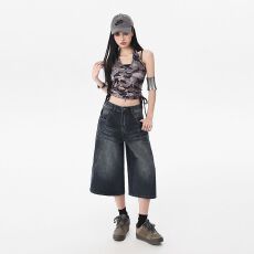 批发实拍 拼接美式新款复古春夏<b class='q'>百搭</b>中<b class='q'>裤</b>水洗做旧垂感显瘦宽松