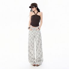 批发实拍  春夏款提花牛仔<b class='q'>裤</b>女美式宽松拖地长<b class='q'>裤</b><b class='q'>百搭</b>高腰窄版阔腿<b class='q'>裤</b>