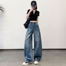 批发<b class='q'>实拍</b> 泼墨弯刀牛仔<b class='q'>裤</b>女春季新款流行涂鸦油彩显瘦设计感阔腿<b class='q'>裤</b>