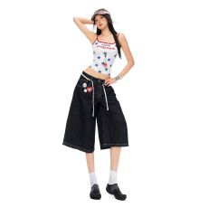 批发实拍 2026夏季NEW美式深蓝七分牛仔<b class='q'>裤</b>宽松<b class='q'>显瘦</b>阔腿直筒中<b class='q'>裤</b>