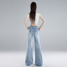 批发实拍 夏季新品高腰显瘦弹力微喇裤猫须显高显瘦牛仔裤女