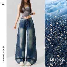 批发实拍 夏季新款＆高级绝美烫钻时髦猫须点缀低腰阔腿牛仔裤女